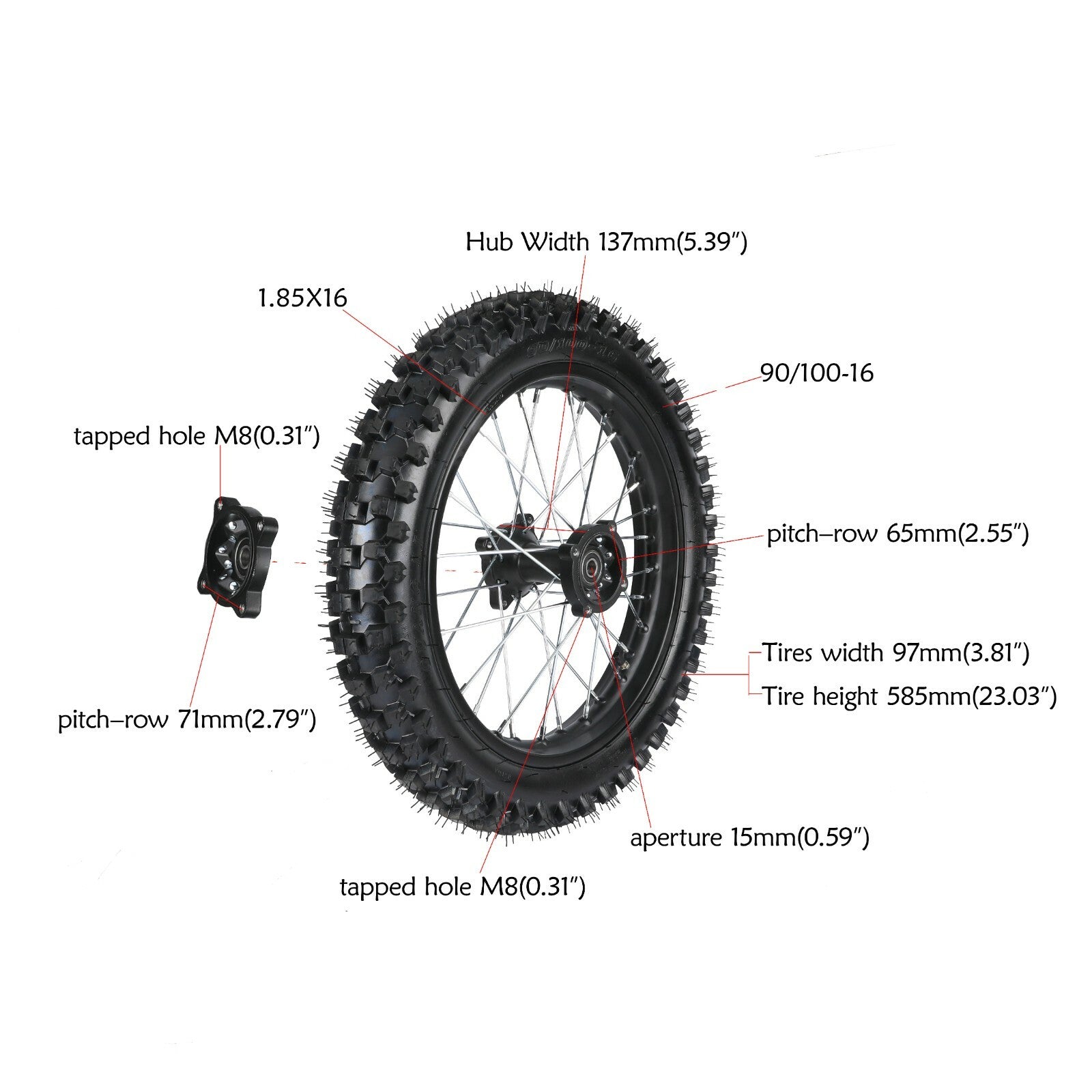 19-inch and 16-inch wheels, 70/100-19 and 90/100-16 tires, rims, dirt pits, bicycle repair, 150cc, 200cc, 250cc...