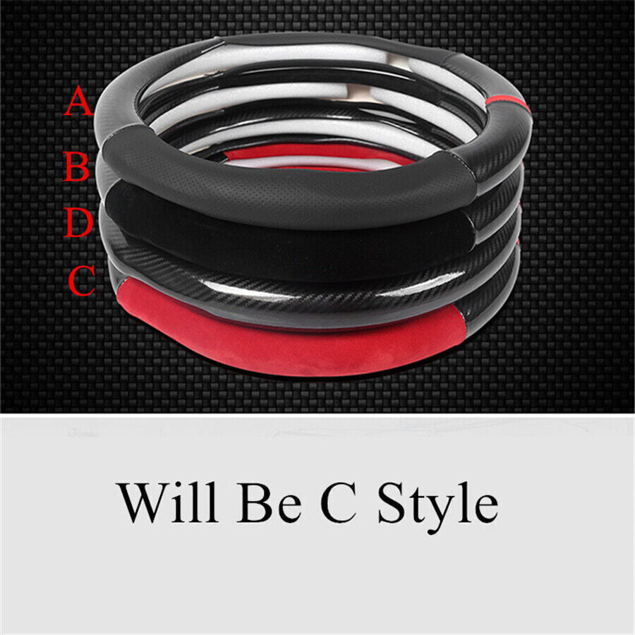38cm Car Steering Wheel Cover Trim Deluxe Black Red Glossy Carbon Fiber+Leather Q