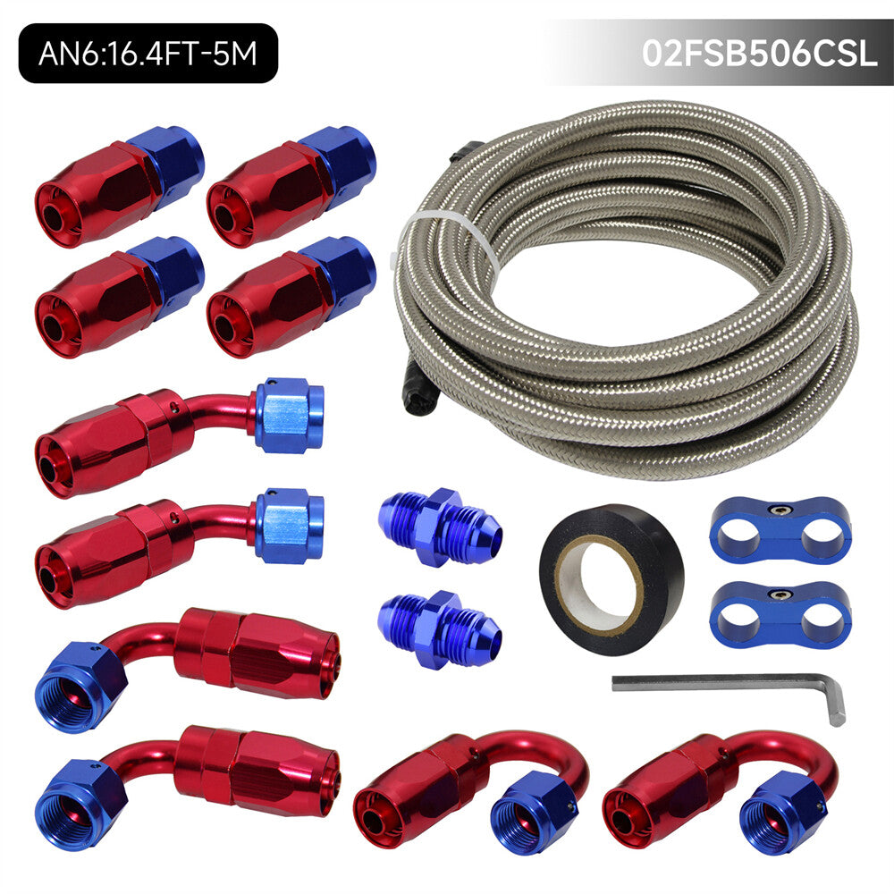 16.4FT 5M AN6 Stainless Steel Braided Fuel Line +10PCS Hose End Fittings Silver