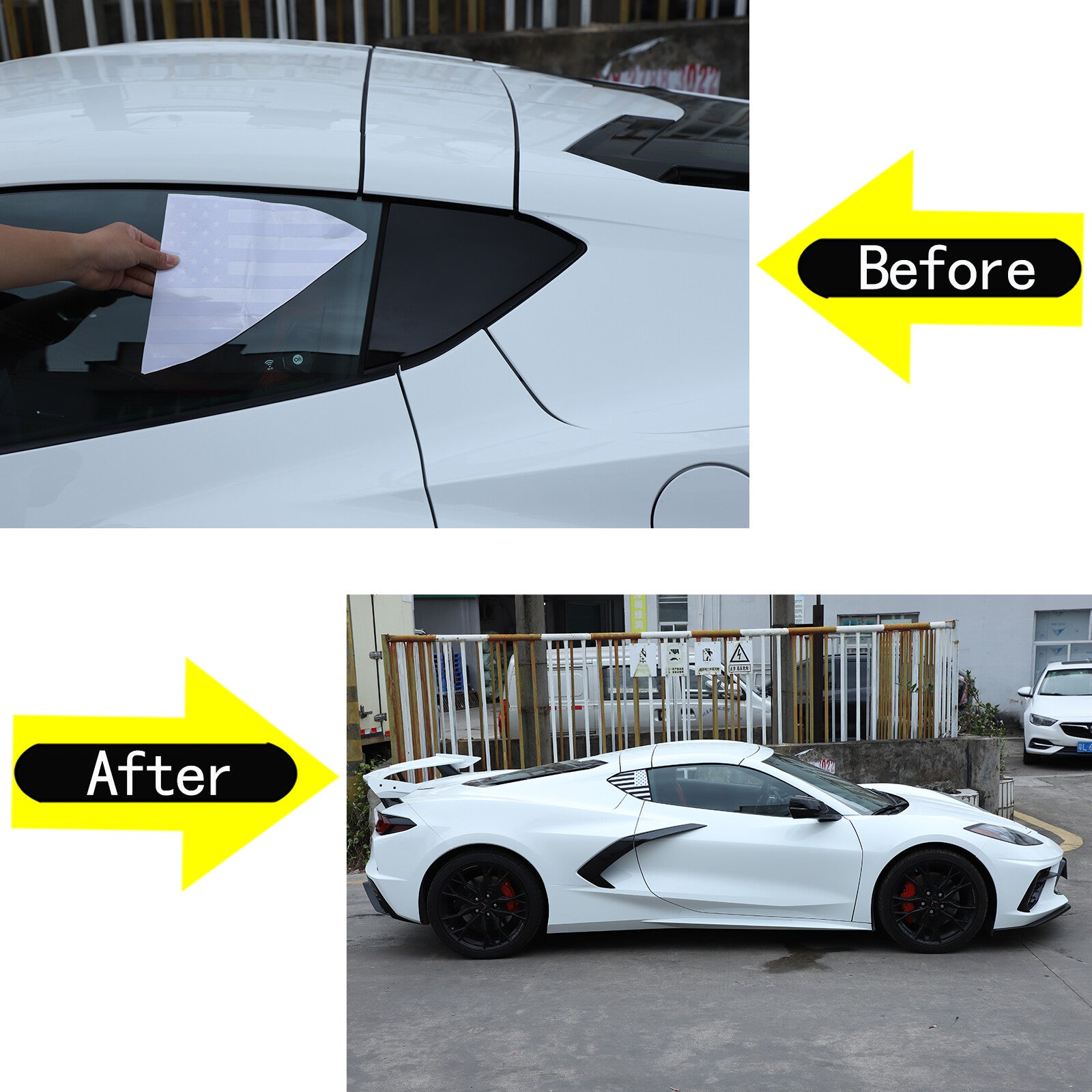 Rear Quarter Window American Flag Decal Sticker, White, for Corvette C8 2020-2023 n