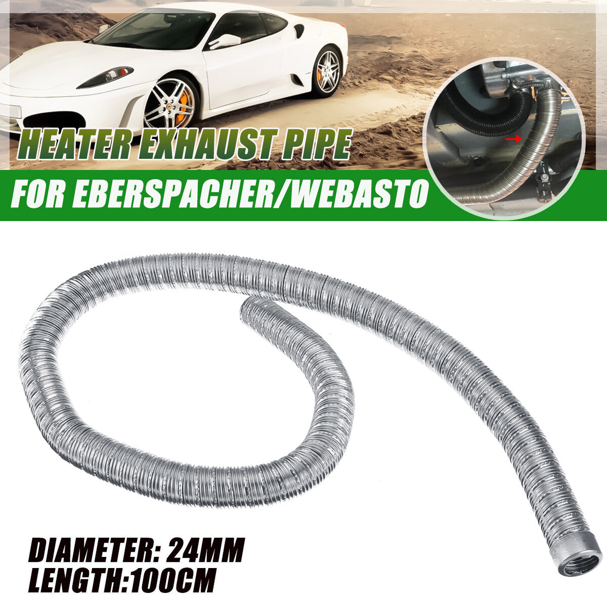 24mm exhaust pipe, double-layered, 100cm flexible, suitable for Webasto heaters made of stainless steel.