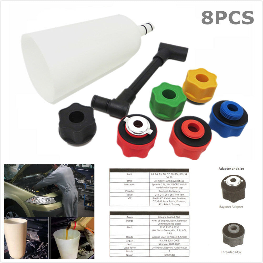8-piece car engine oil funnel kit for filling cooling system repair filler 6 adapters + box - n