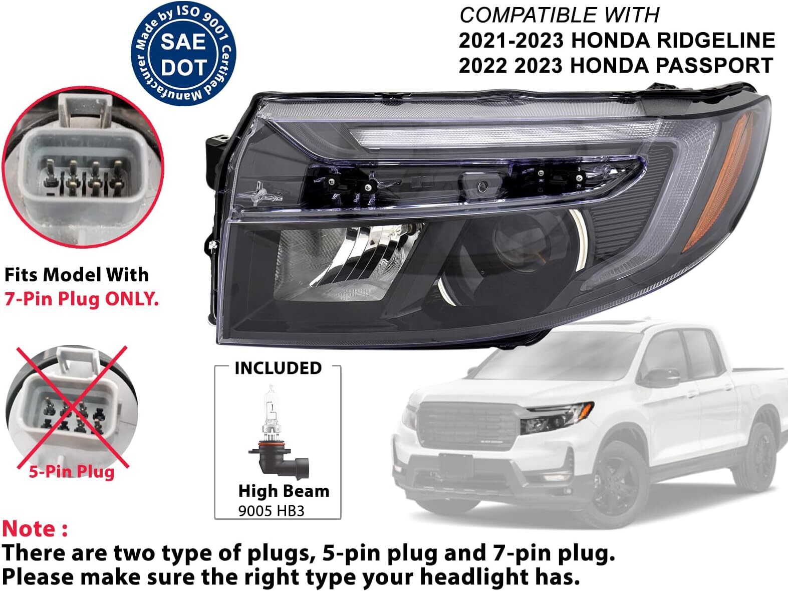 Headlight W/ 7-Pin Plug for Honda Ridgeline Passport 2021-2023 Left Driver Side