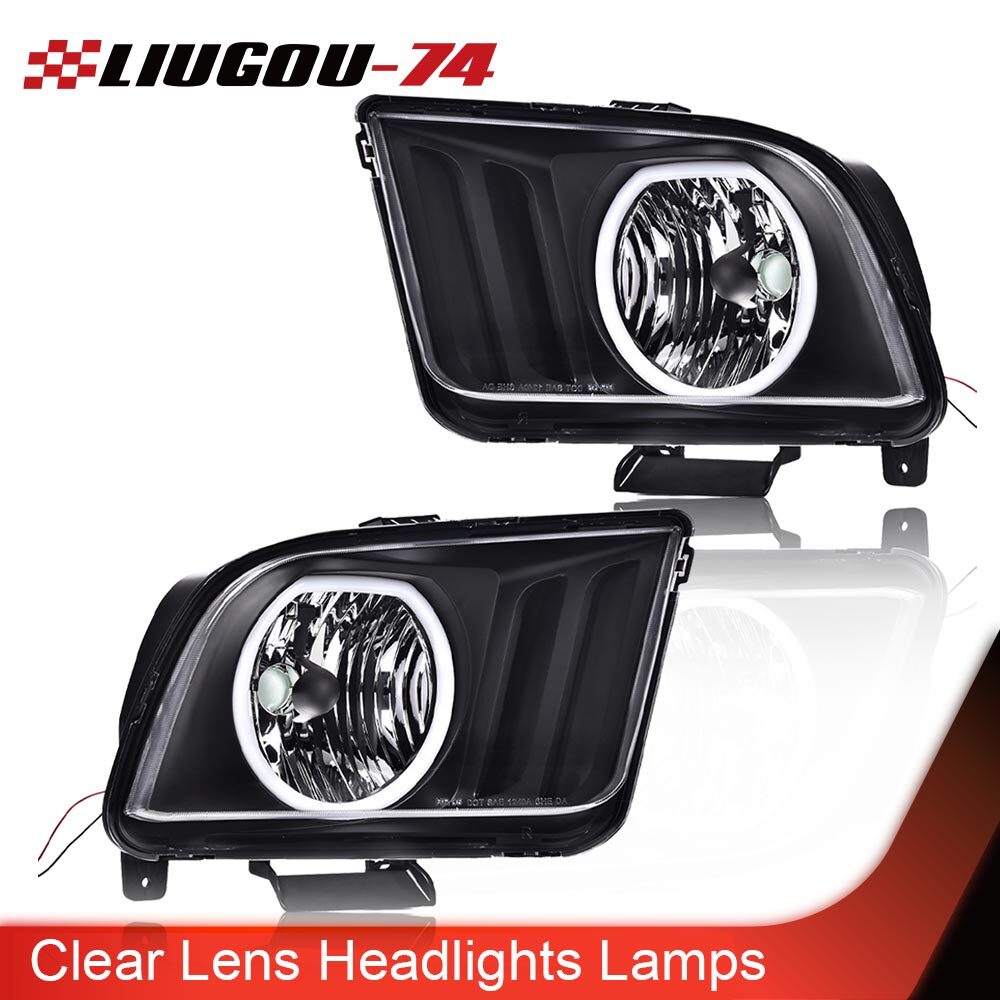 Fits 05-09 for Mustang Black/Smoke LED DRL Halo Headlight LH&RH- v