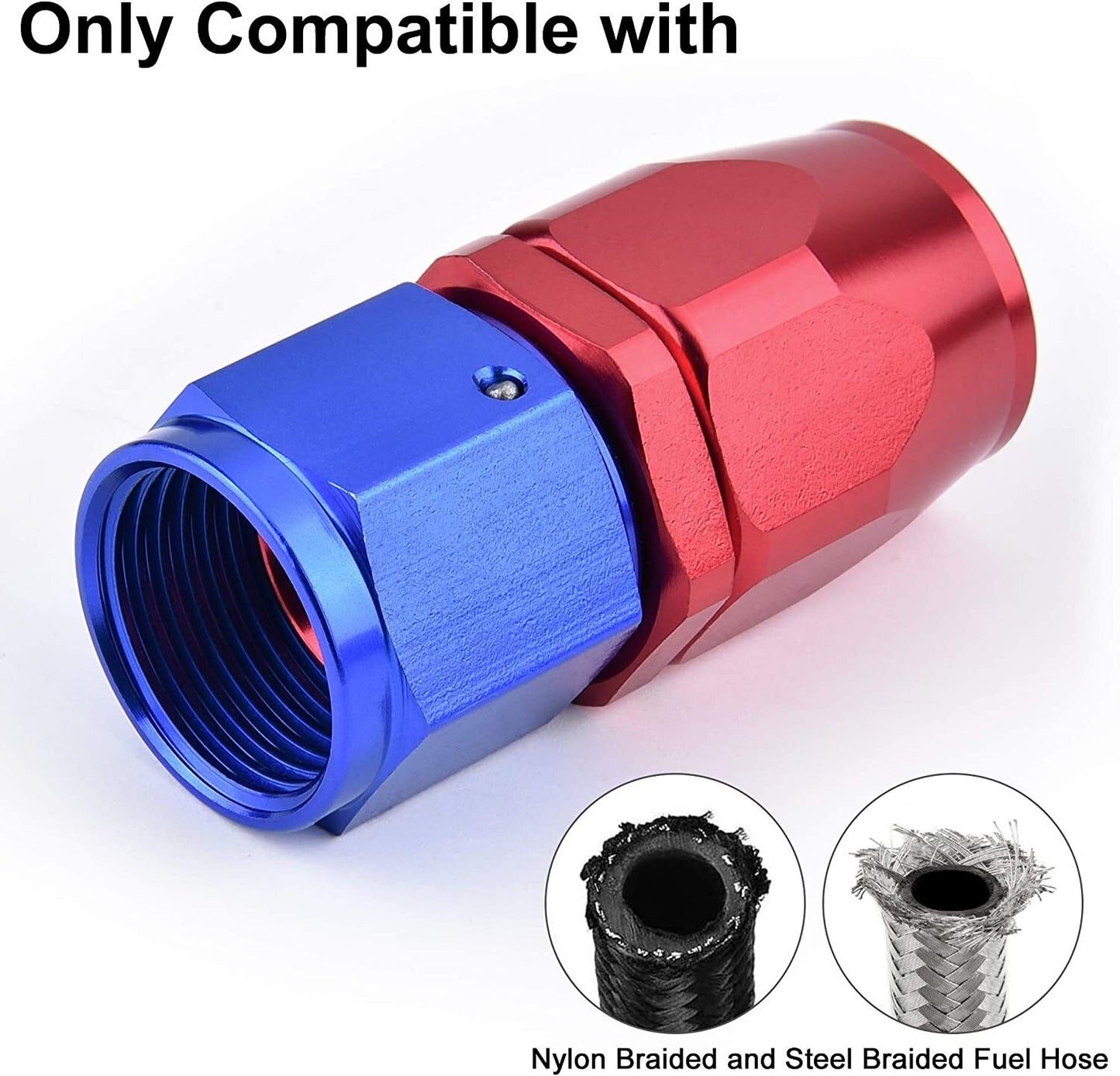 6/8/10AN swivel hose end connectors are directly compatible with braided CPE fuel hoses in blue and red (4-piece set).