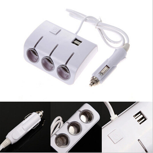 Car Dual USB Port White 3 Way Cigarette Lighter Socket Splitter Charger Adapter