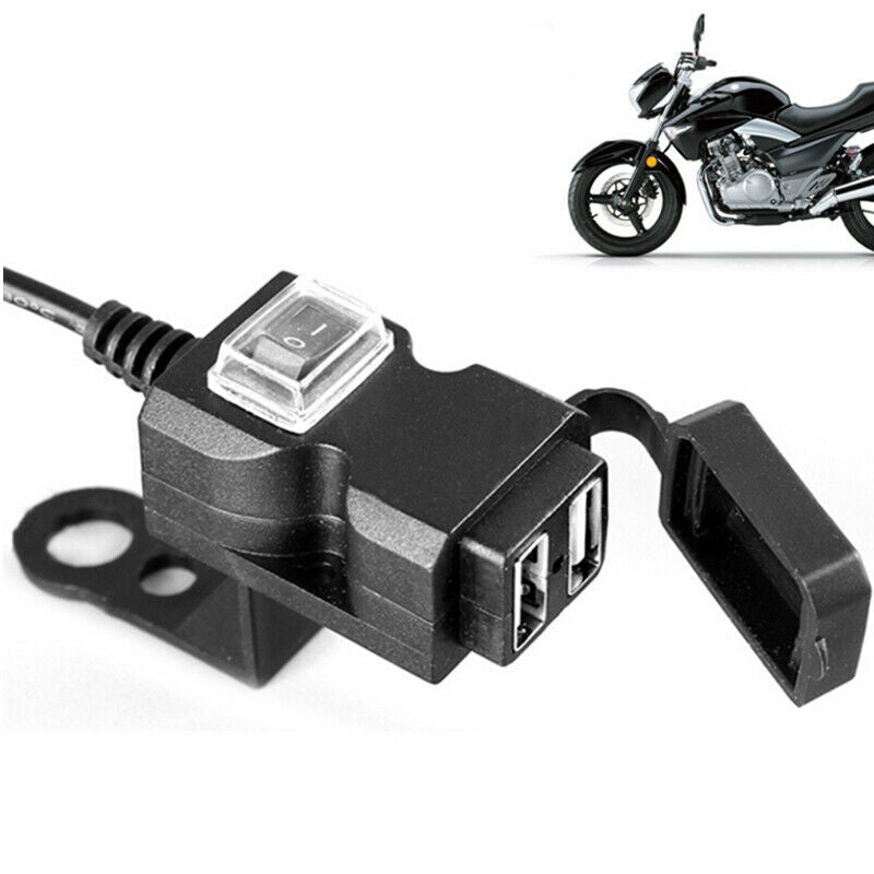 Dual USB Motorcycle Handlebar Charging Jack 12V Waterproof with Switches and Brackets