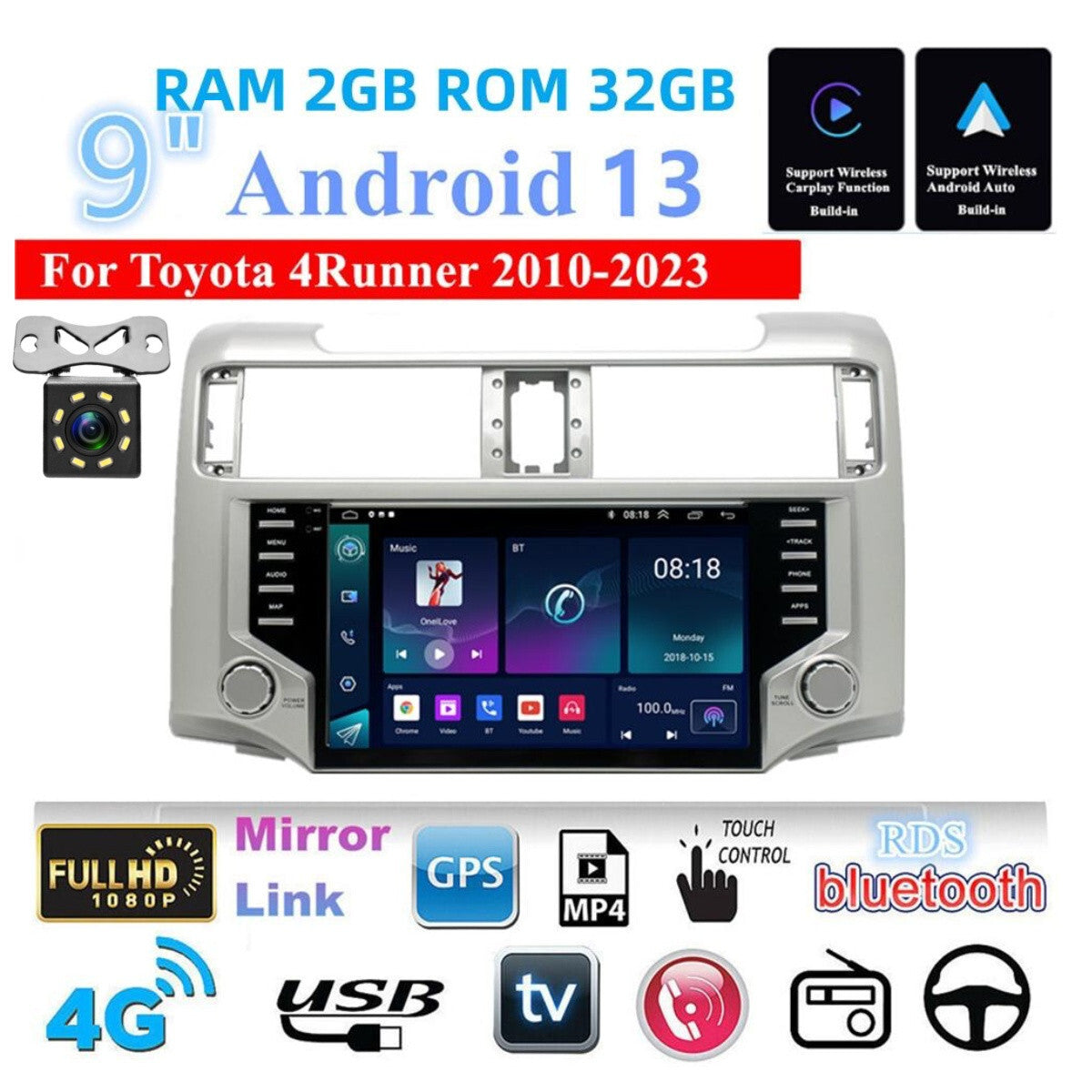 9in For Carplay Car Radio Stereo GPS Nav Camera Fit for Toyota 4Runner 2010-2023