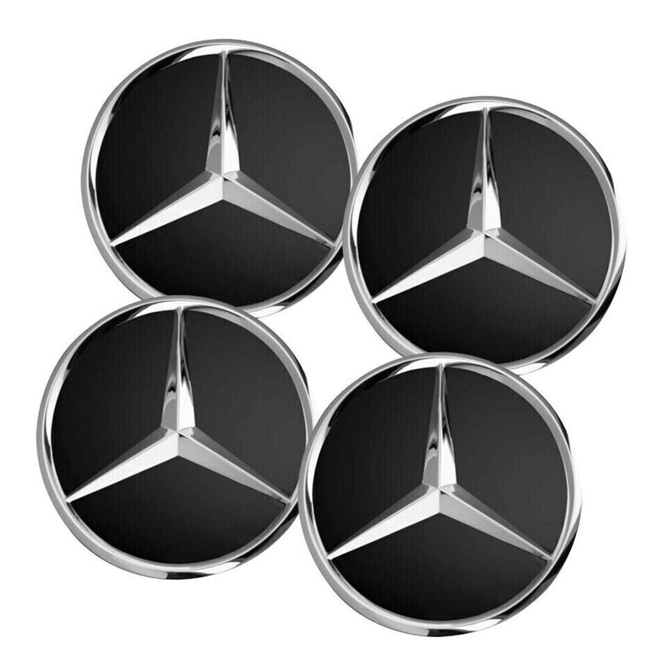 x 75mm dark black alloy wheel center caps, 75mm badges, wheel hub badges
