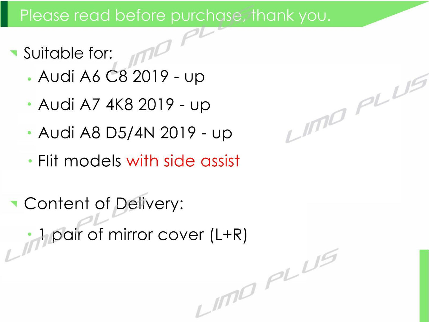 Glossy black side mirror covers for for Audi C8 A6 S6 A7 S7 for A8 with lane assist v