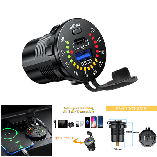 Car Truck USB Socket QC 3.0 + PD TYPE-C USB for Charger LED Voltage Meter Waterproof Q