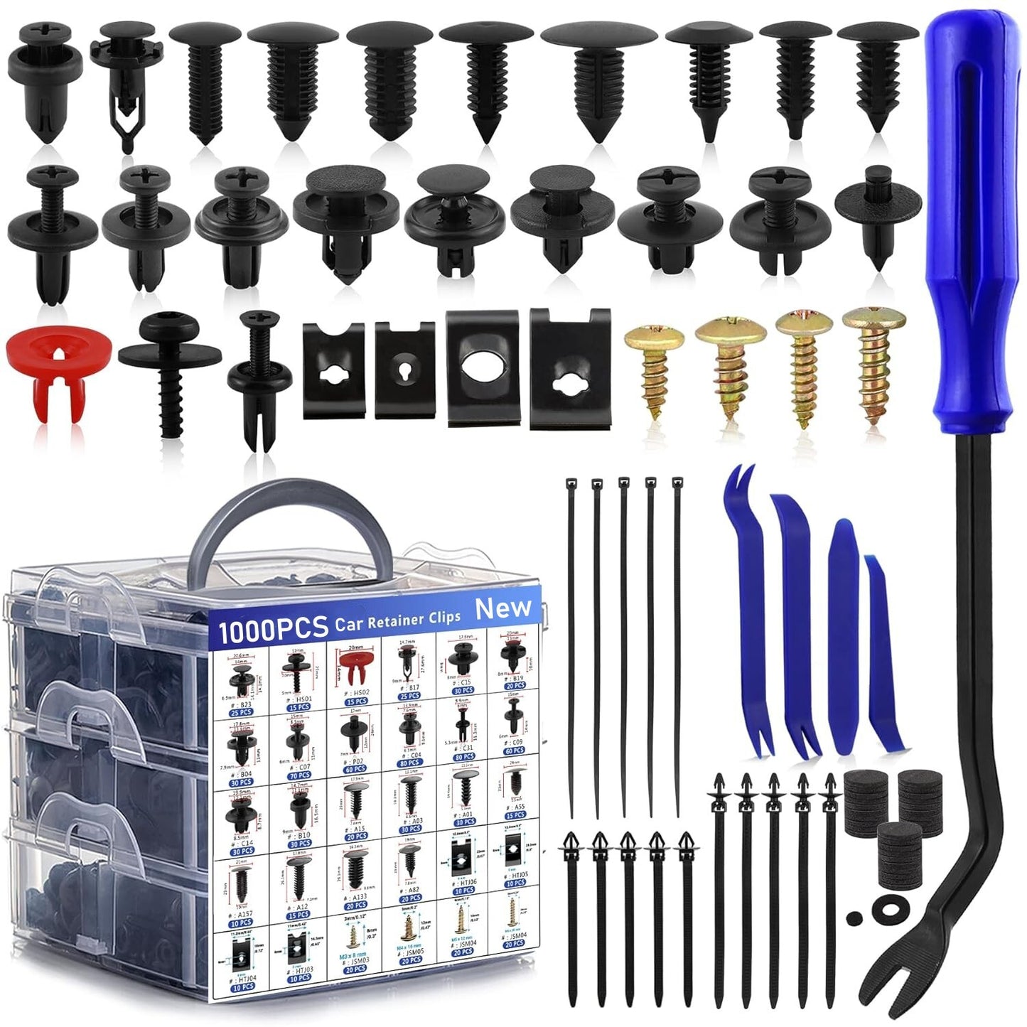 1000-piece set of automotive push-type retainer anti-collision clips, U-clip screw kits, panel clips, and metal screws.
