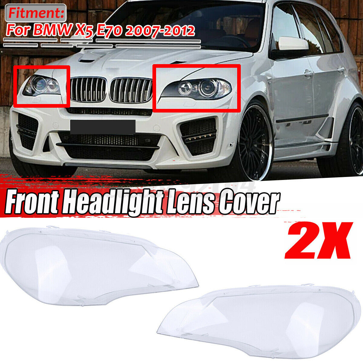 2x Front Headlight Lens Cover Lampshade Facelift for BMW X5 E70 2007-2012 Clear