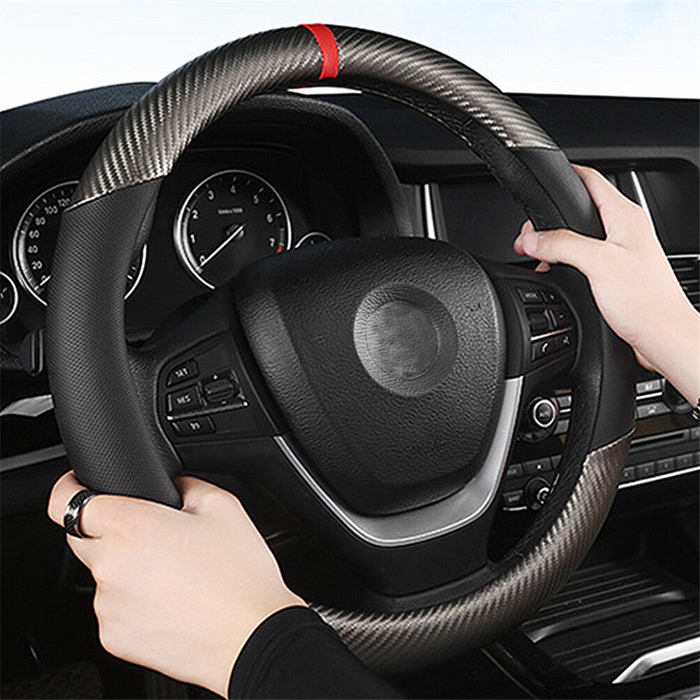 Carbon Fiber Black Leather Car Steering Wheel Cover Anti slip Car Accessories