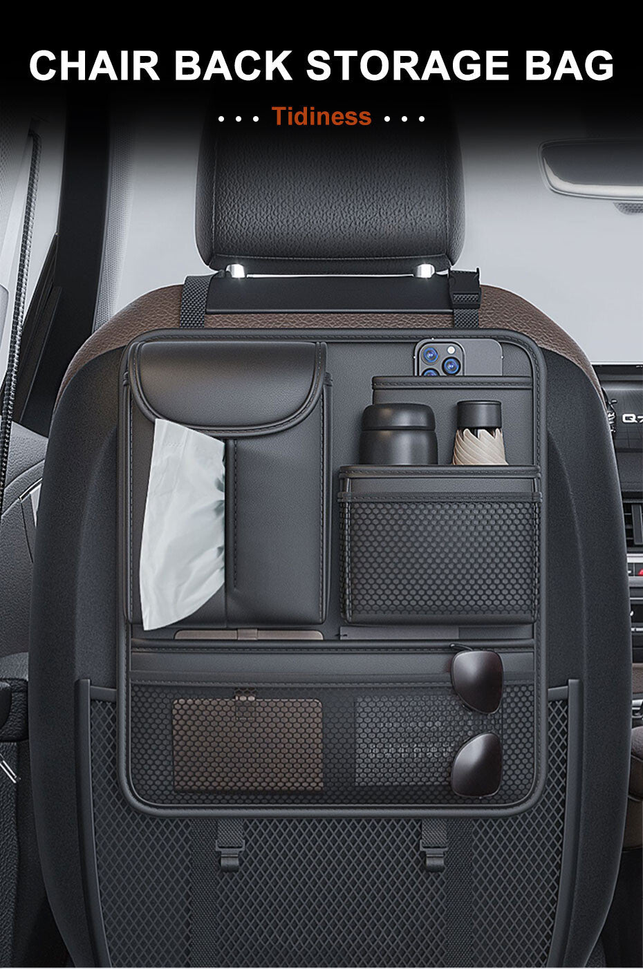 Car for Seat Back Bag PU Leather Multi-Pocket Organizer Storage Phone Tissue Holder