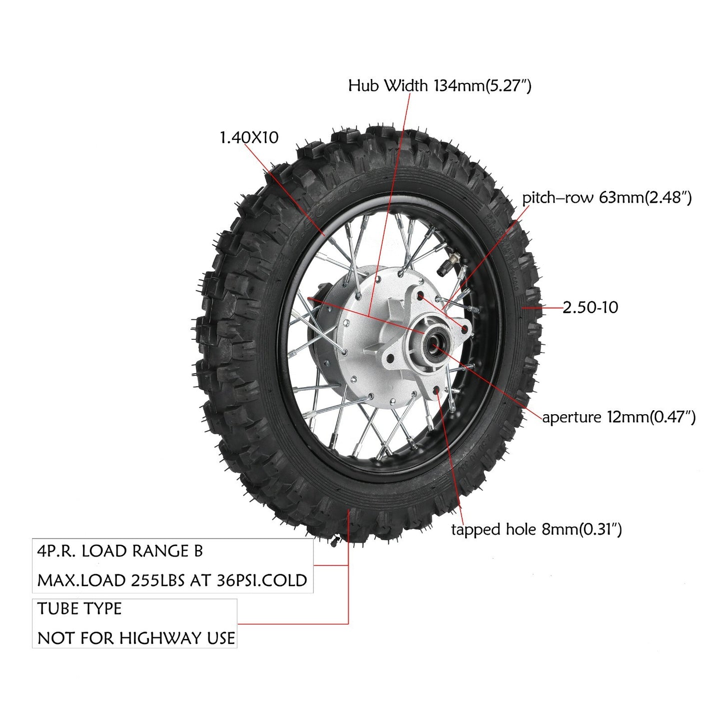 10-inch rear wheel and tire assembly for 50cc, 70cc, and 110cc off-road bikes: CRF DRZ70, PW50, TTR50
