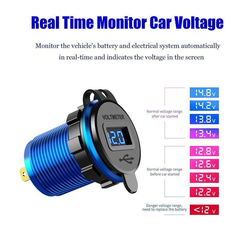 12V/24V Dual QC3.0 USB Fast Charger Socket Power Adapter with LED Voltmeter n