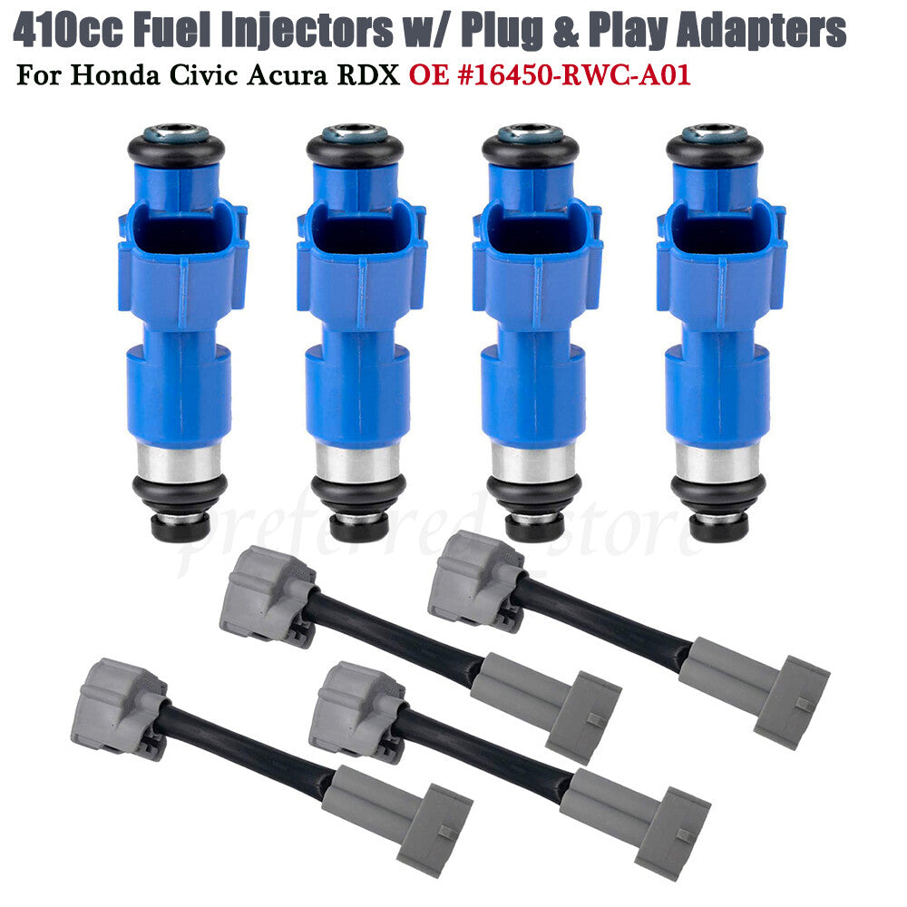 4 Brand New Fuel Injectors for Acura for RDX 410cc with Plug and Play Adapter 16450-RWC-A01- v