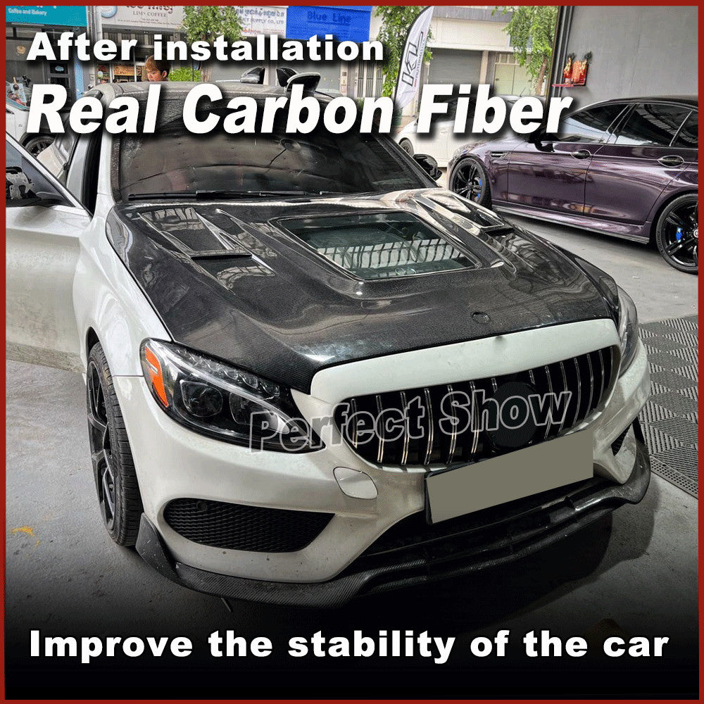 Fit for Benz W205 C250 C300 C43 Front Bumper Hood Bonnet Cover Carbon Fiber