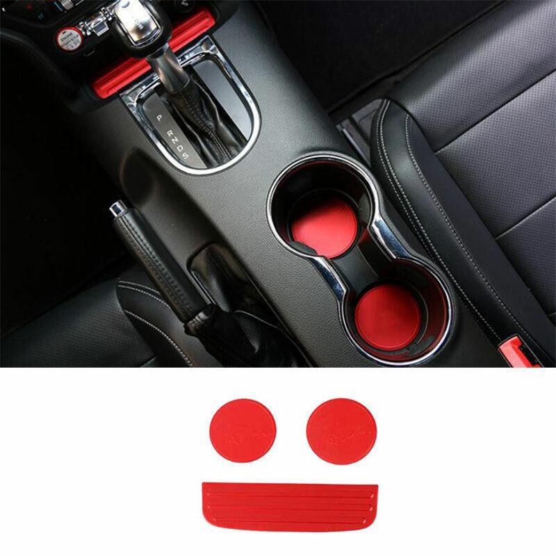 for Ford for Mustang 2015-2022 Red Aluminum Console Water Cup Pad Decoration 3PCS