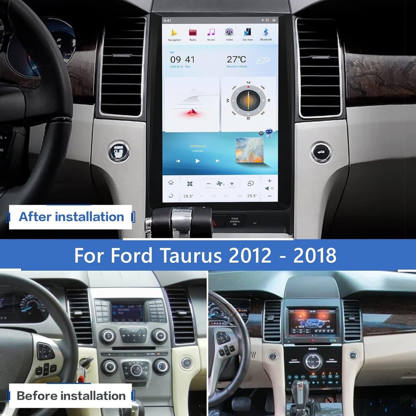 1Din Android Car Radio GPS Stereo Receiver 64G For Taurus 2010-2018 n