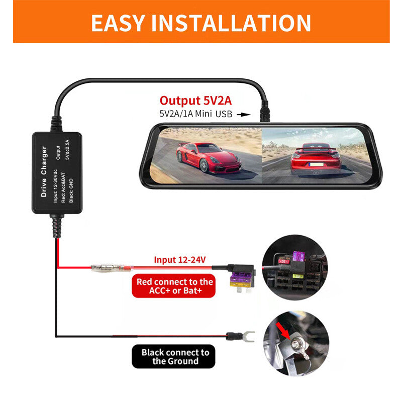 Dash Cam Hardwire Kit DC 12V 24V to 5V/2A Video Recorder Cable with Fuse Tap - n