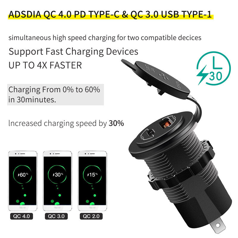 60W QC4.0 PD Type-C Fast Charging 3.0 USB Charger Socket 12V/24V Car Power Socket n