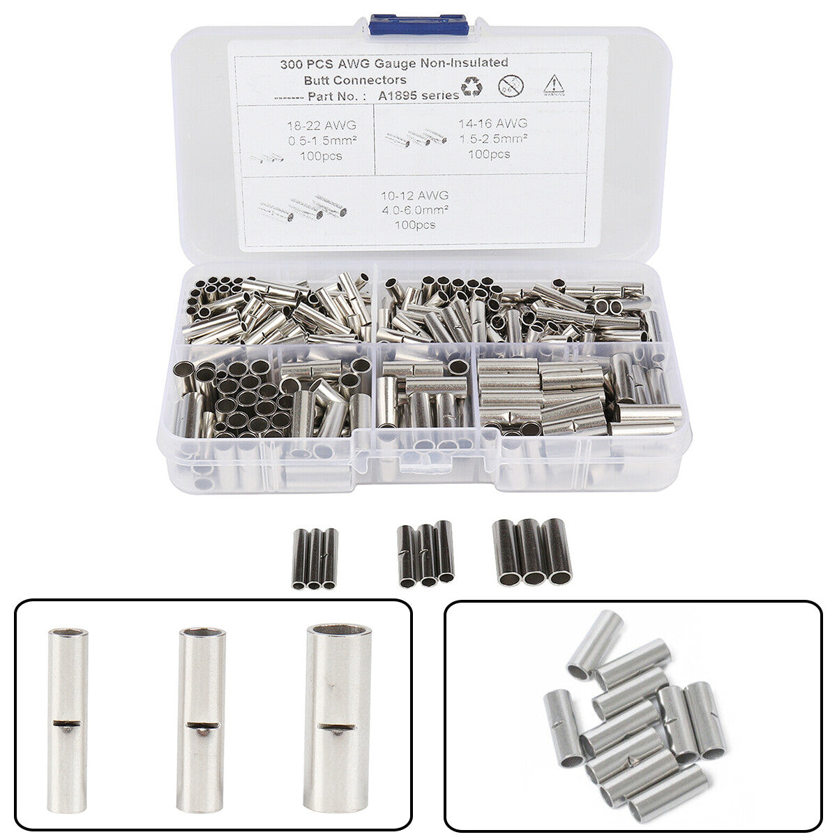 300pc KIT NON-INSULATED BUTT CONNECTORS TERMINAL 2218 1614 1210 A set n