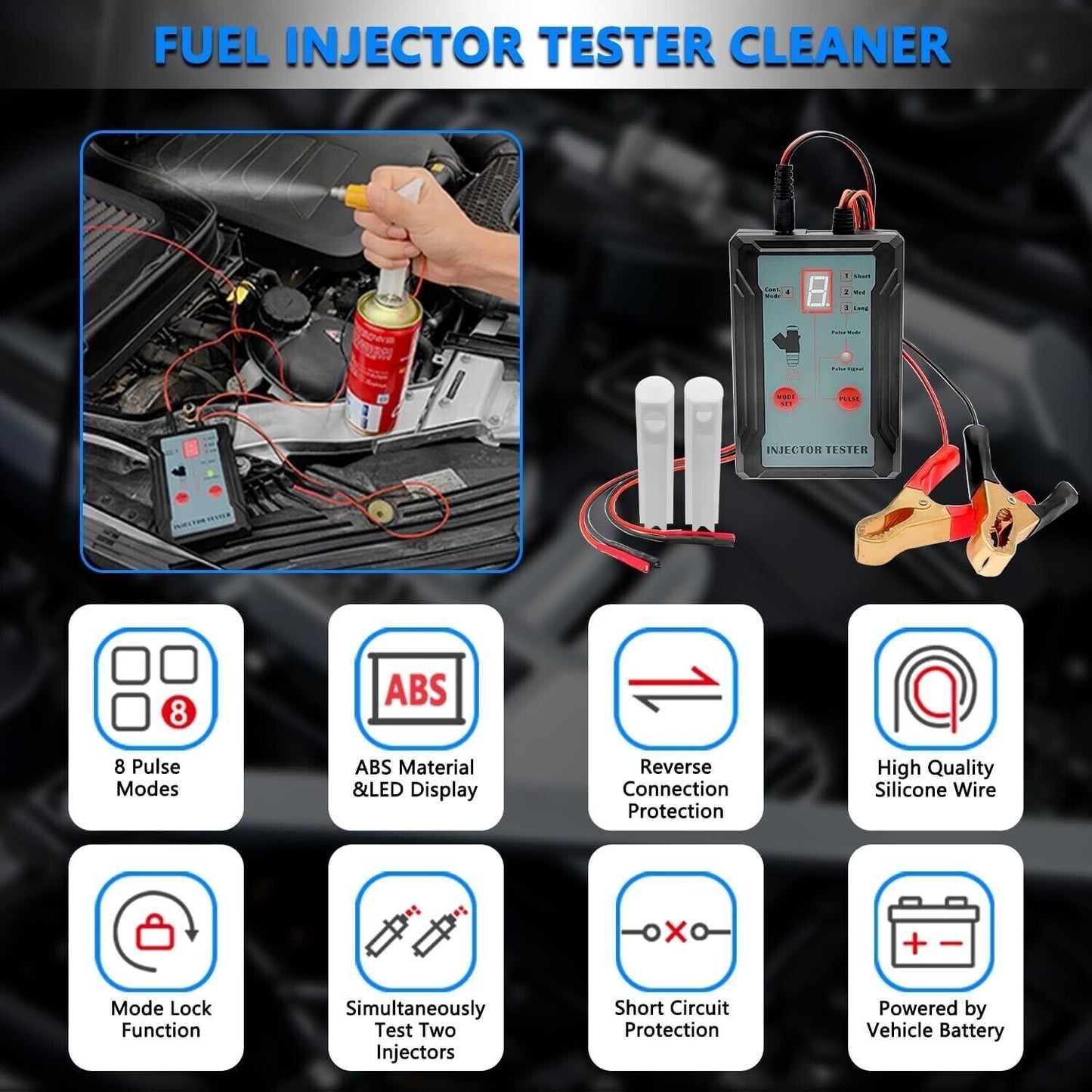 Fuel Injector Tester Cleaner 4 Pulse Modes 4 Test Leads DIY Cleaning Tool Kit