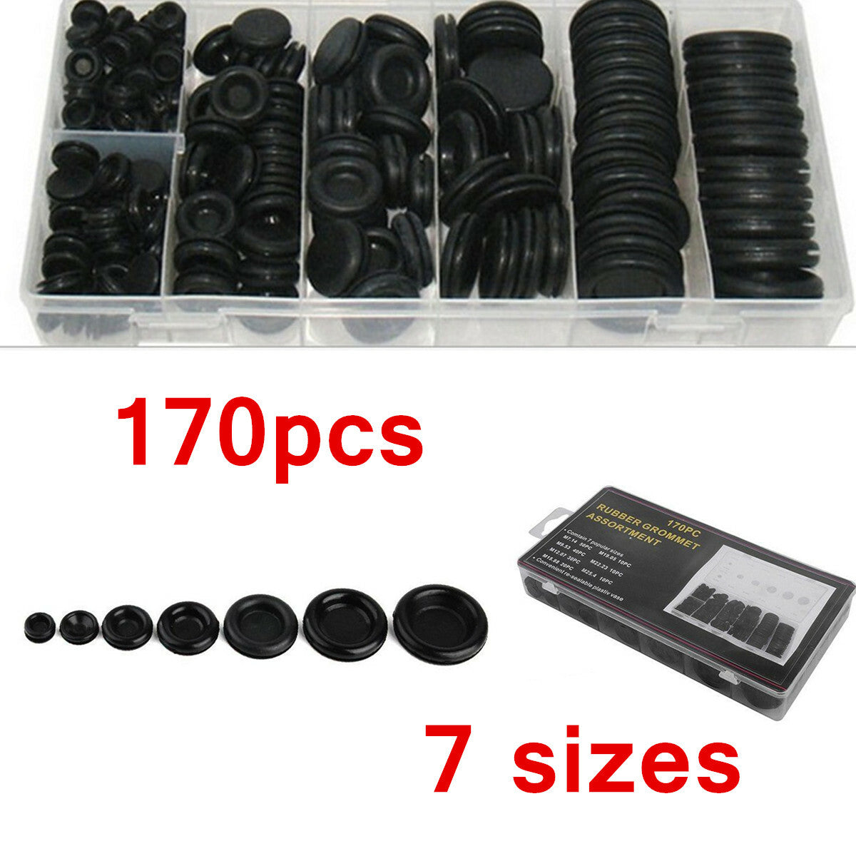 170pc Black Rubber Grommet Firewall Wire Gasket Solid Hole Plug Assortment Set