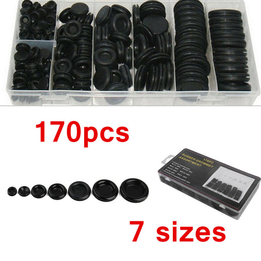 170pc Black Rubber Grommet Firewall Wire Gasket Solid Hole Plug Assortment Set