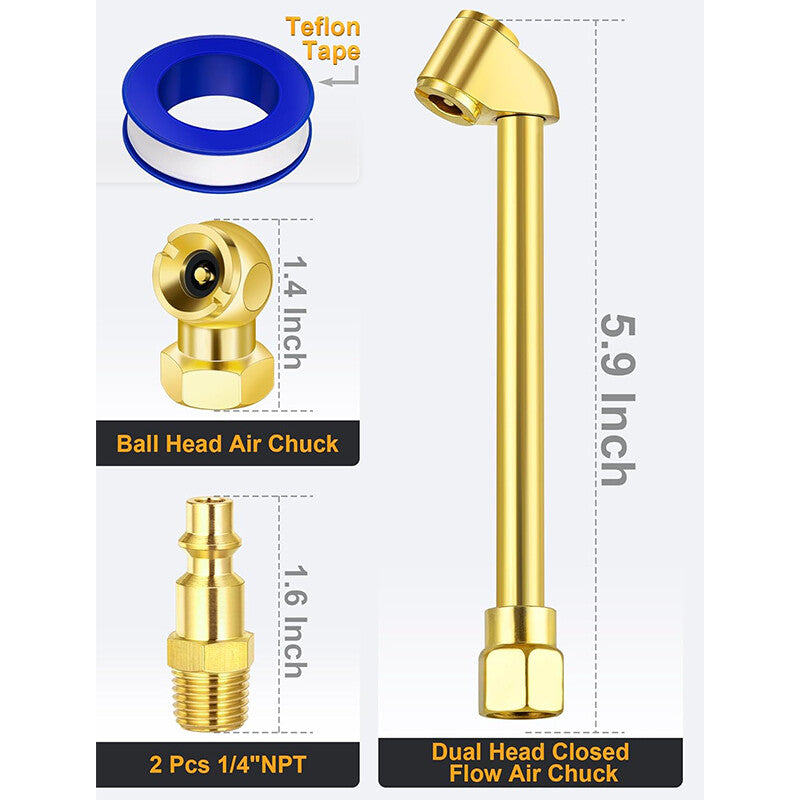 2Way Connection Dual Head Air Chuck Set Closed Ball Tire Chuck 1/4NPT Quick Plug