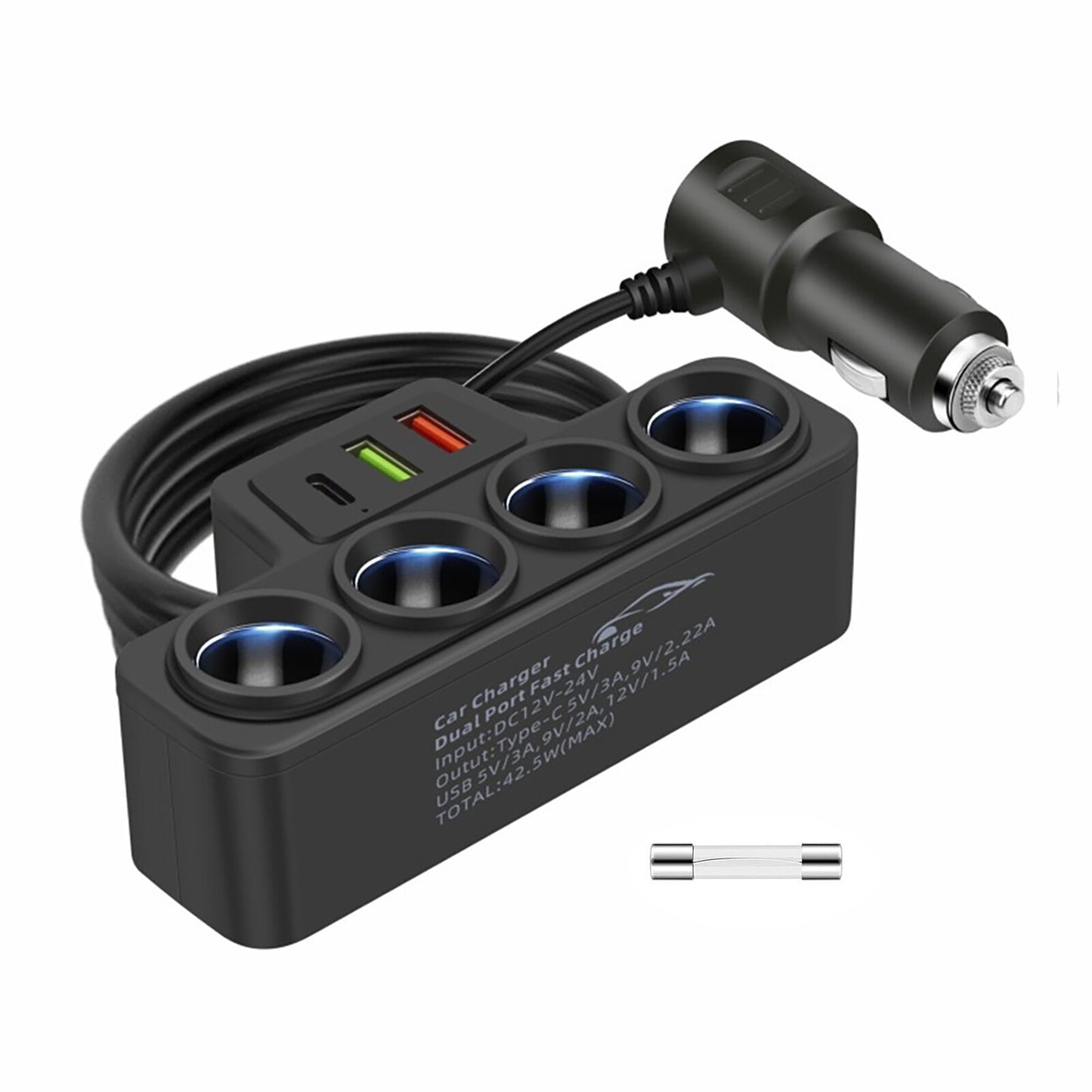 7-in-1 4-Way Car Cigarette Lighter Splitter Fast Charger Power Adapter 120W