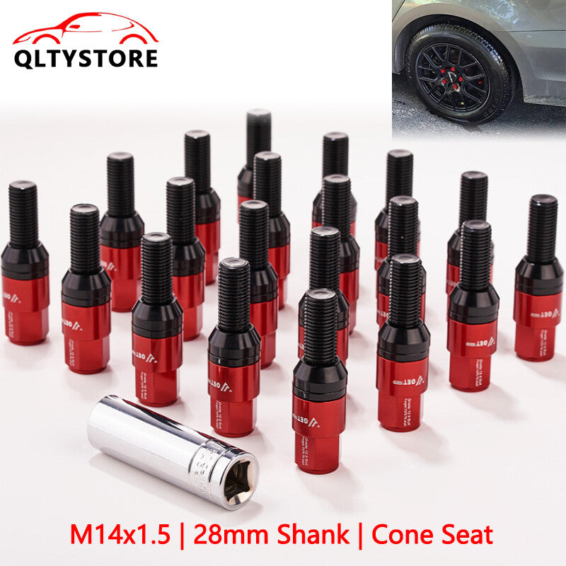 20x M14x1.5 Wheel Lug Bolt 28mm Shank Cone for Seat Stud for Most Aftermarket Red Q