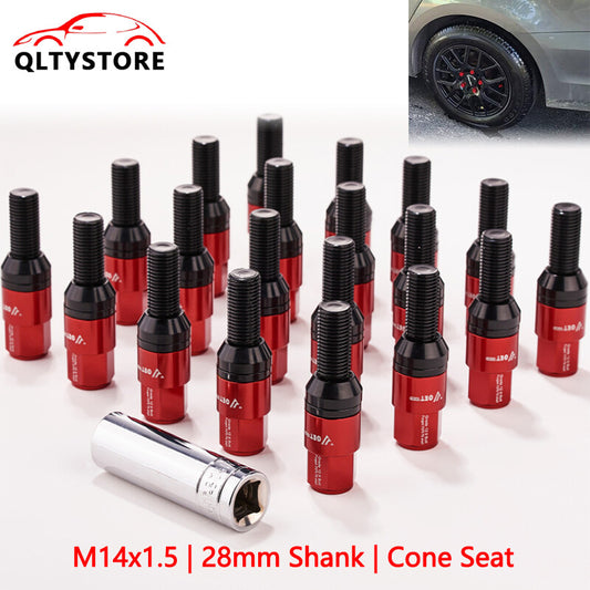 20x M14x1.5 Wheel Lug Bolt 28mm Shank Cone for Seat Stud for Most Aftermarket Red Q
