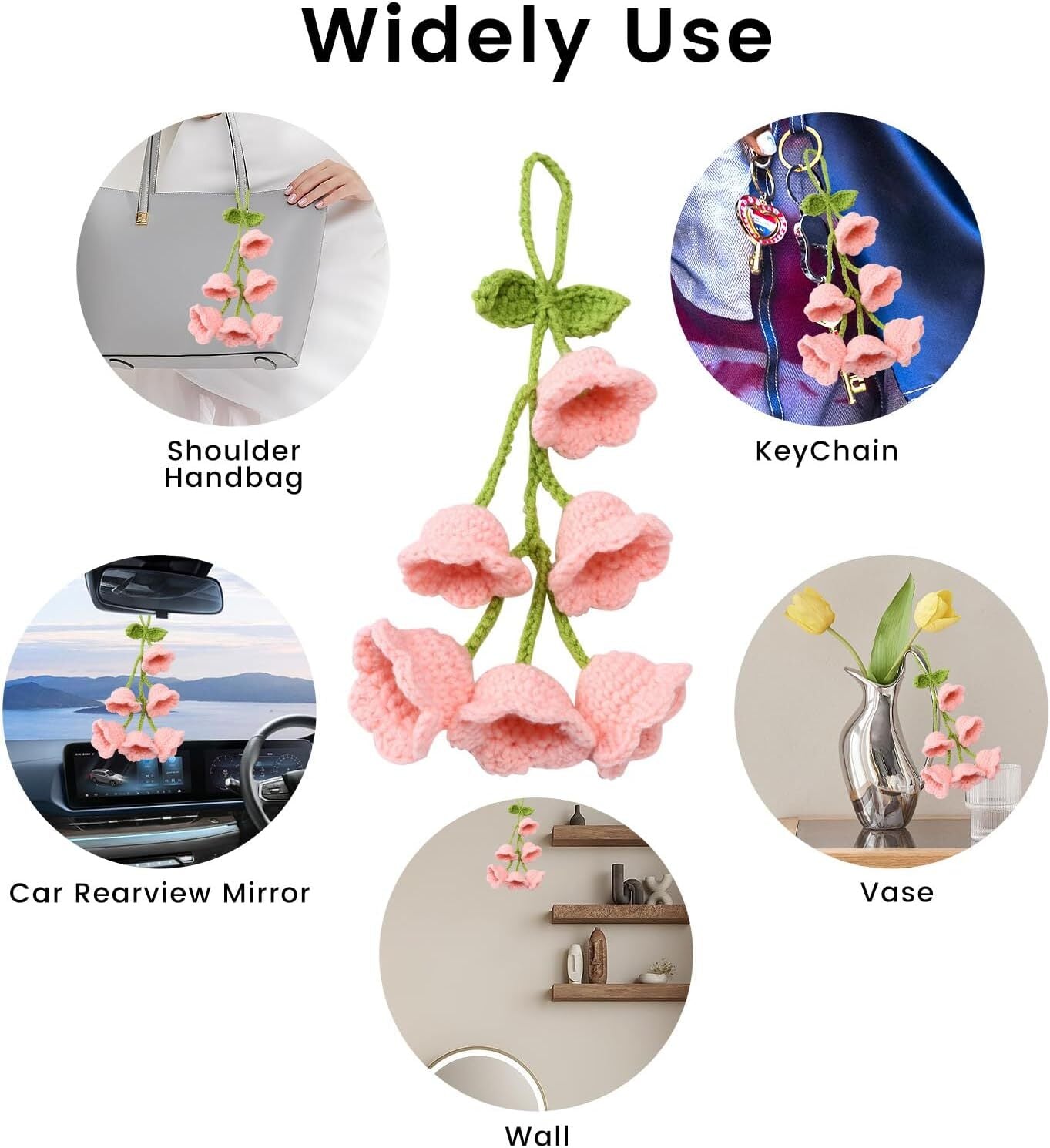 1Bell flower Hand Knitted Cute Car Accessory for Rear View Mirror Hanging Pink
