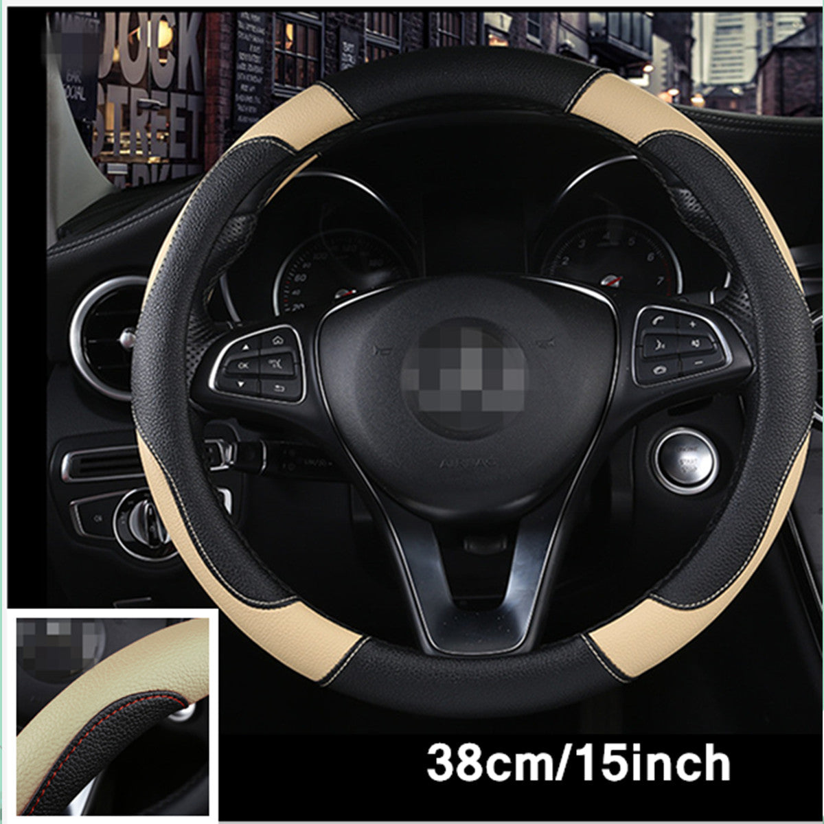 38cm Auto Car Steering Wheel Cover Black/Beige PU Leather Car Accessory Non-slip