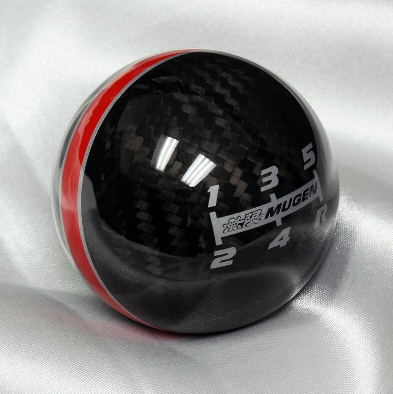 Car Shift Knob 5-speed Mugen, black carbon fiber with red and silver stitching, for Honda for Acura .