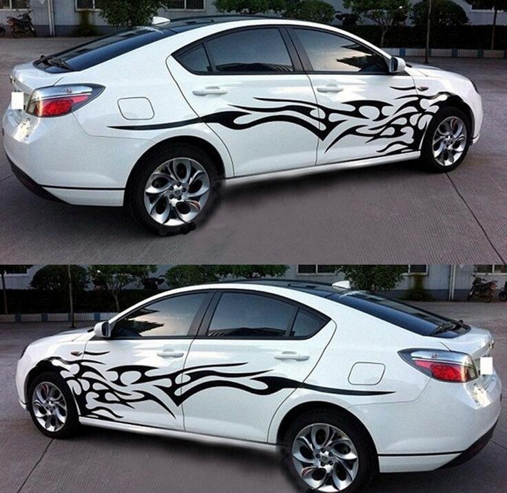 2 Pcs Car Body Side Racing Black Flame Logo Vinyl Decal Graphics Strips Stickers