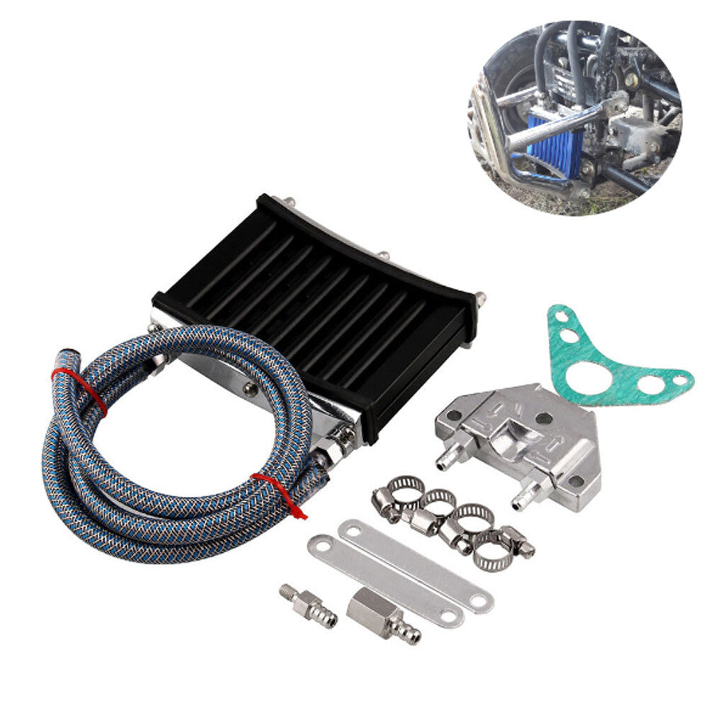 Motorcycle CNC Aluminum Engine Oil Cooler Cooling Radiator Kit Silver Universal Q