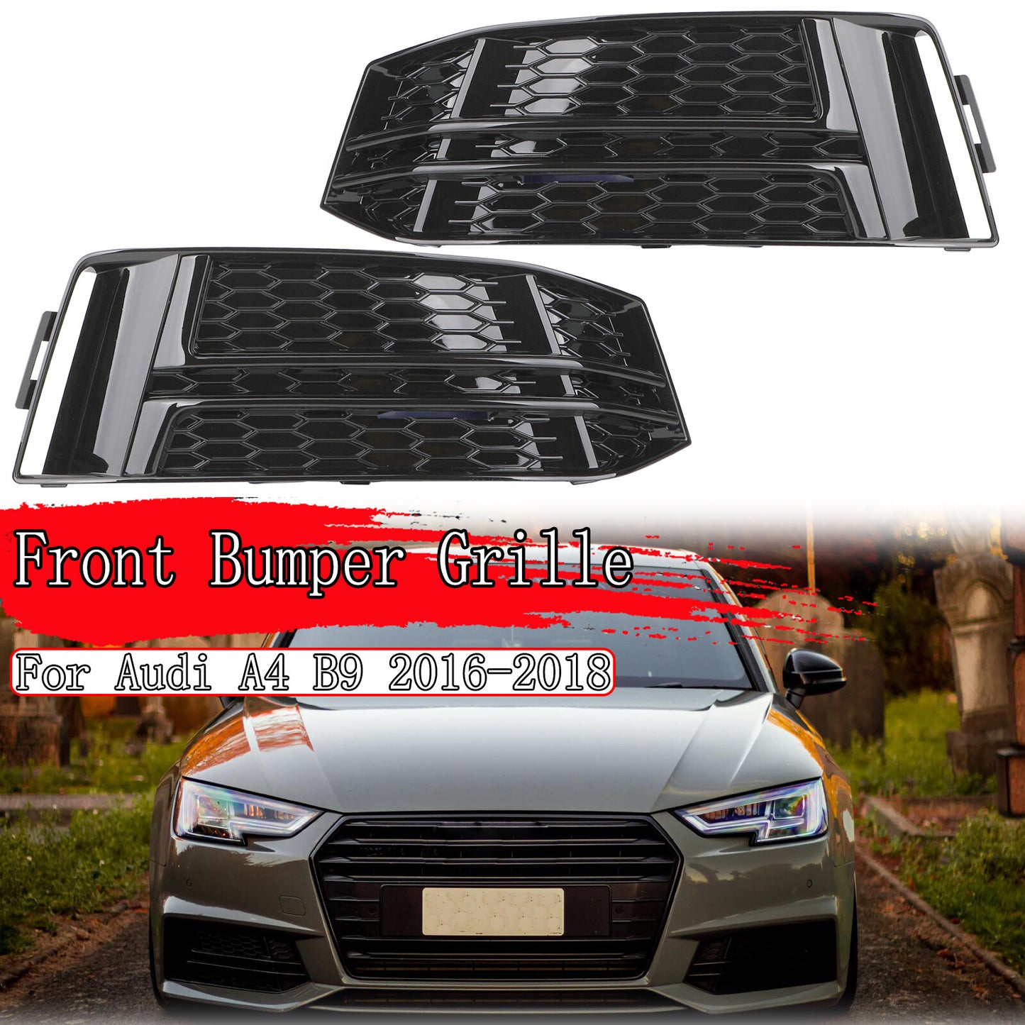 Black front bumper fog light grille protector for 2016-2018 for Audi A4 B9 S-LINE