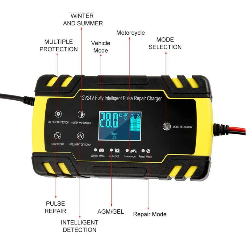 Motorcycle Battery Charger 12/24V LCD Touch Screen Pulse Repair Chargering Tool