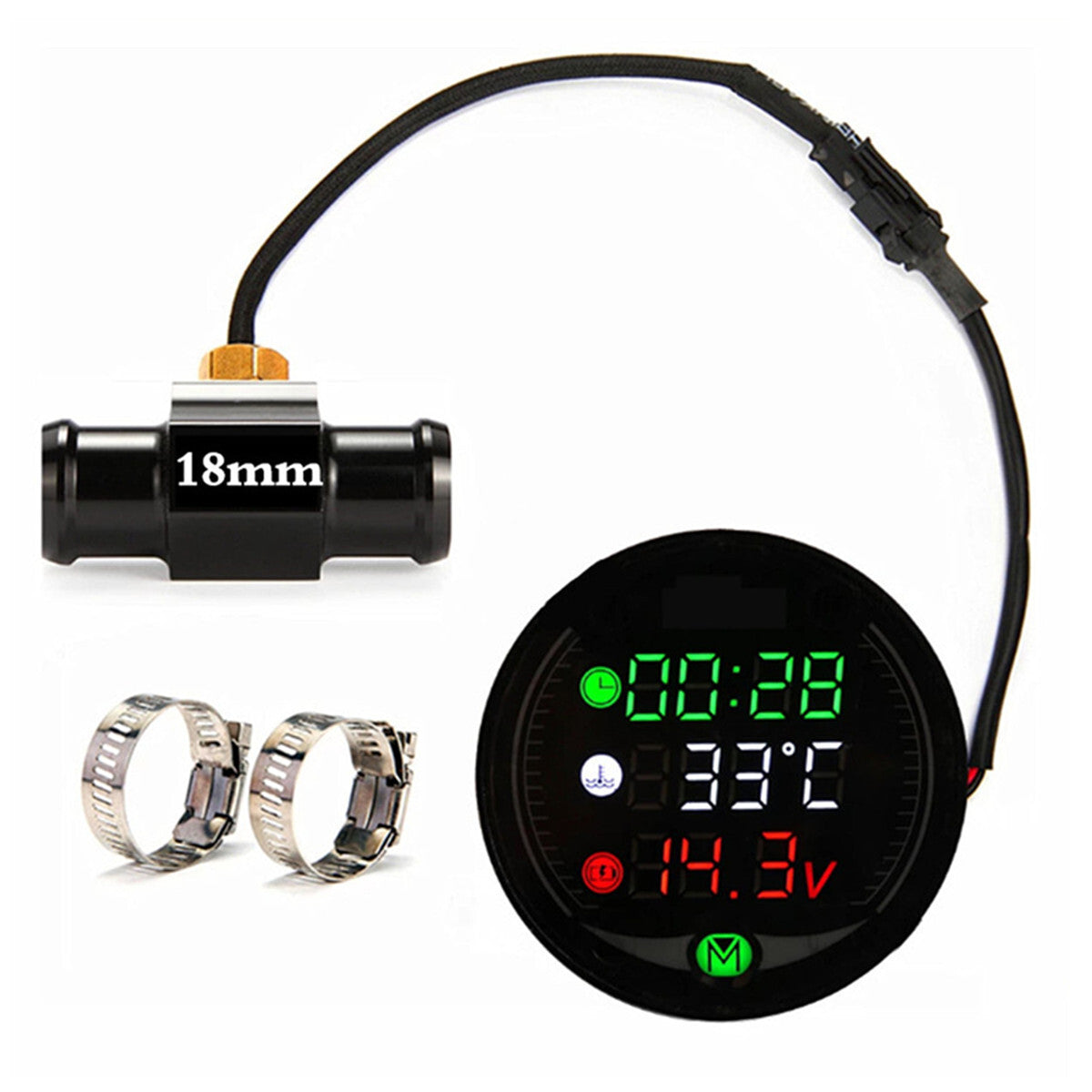 5IN 1Digital Motorcycle Water Temperature Gauge Voltmeter Clock W/18mm Sensor Q