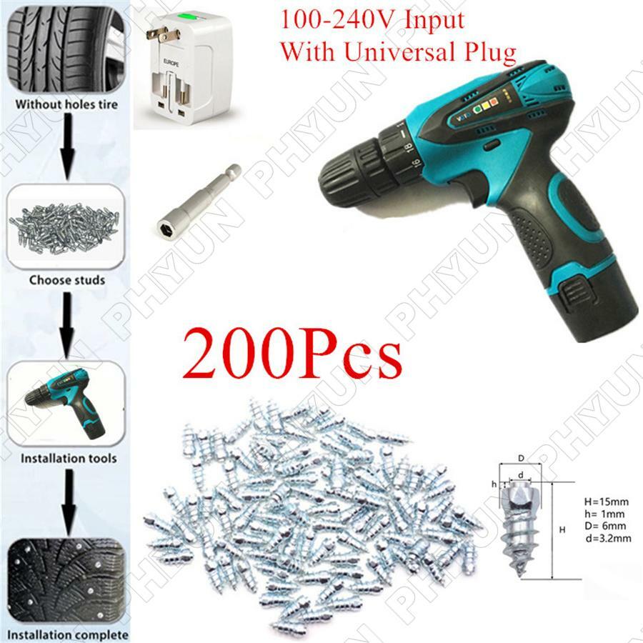 Winter Tyre Studs Snow Spikes electric Gun Install tools W/200Pcs H15 Tire Nails Q