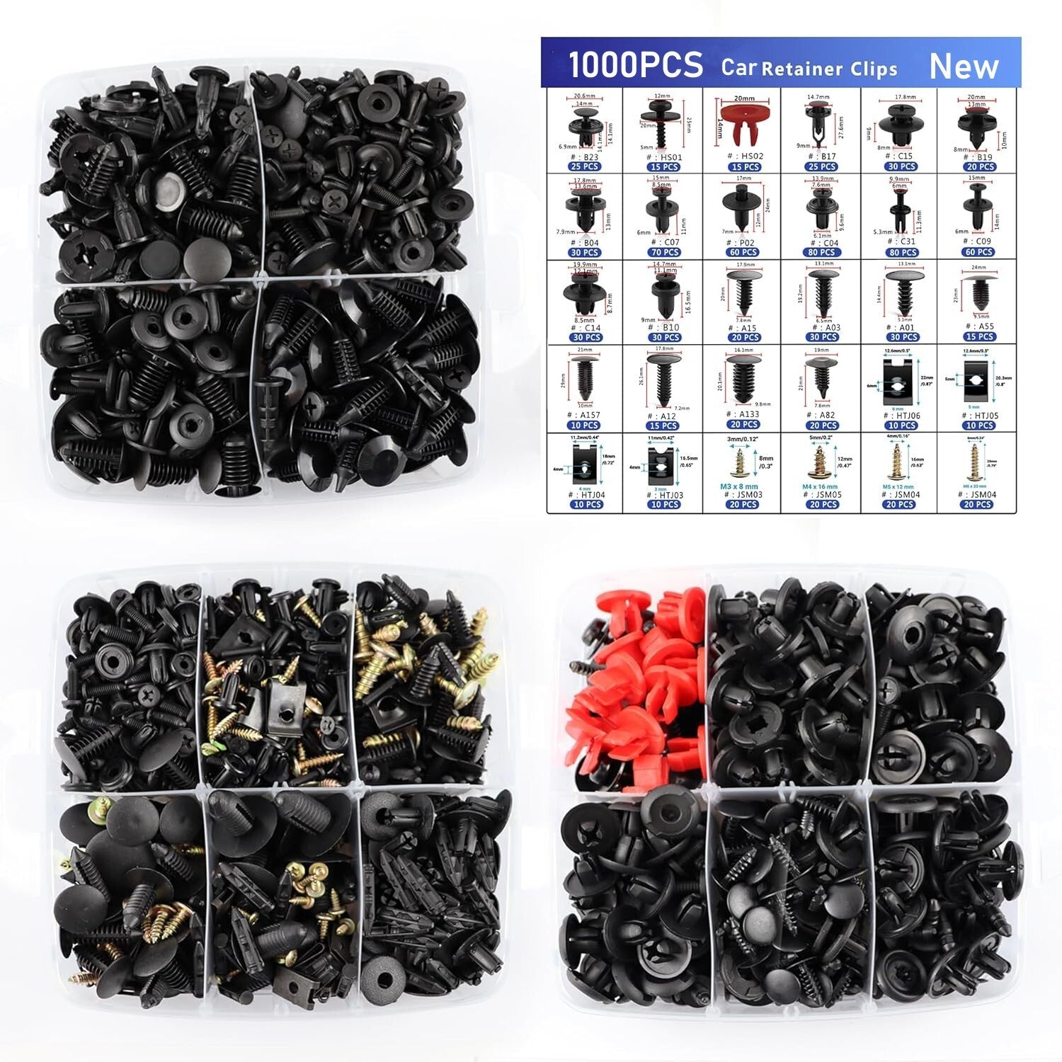 1000-piece set of automotive push-type retainer anti-collision clips, U-clip screw kits, panel clips, and metal screws.