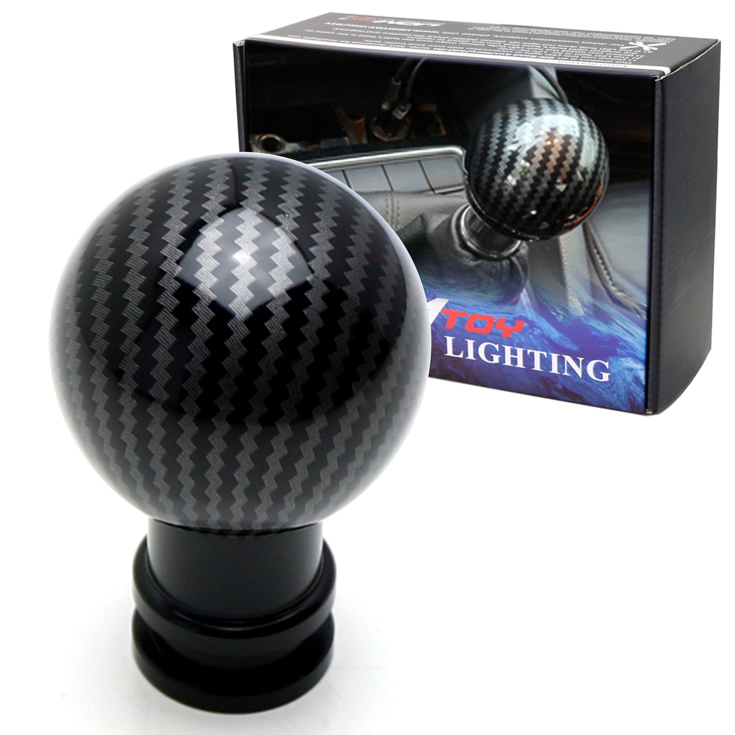 Carbon fiber patterned ball gear shifter with black base, universally compatible with 5-6 speeds. n