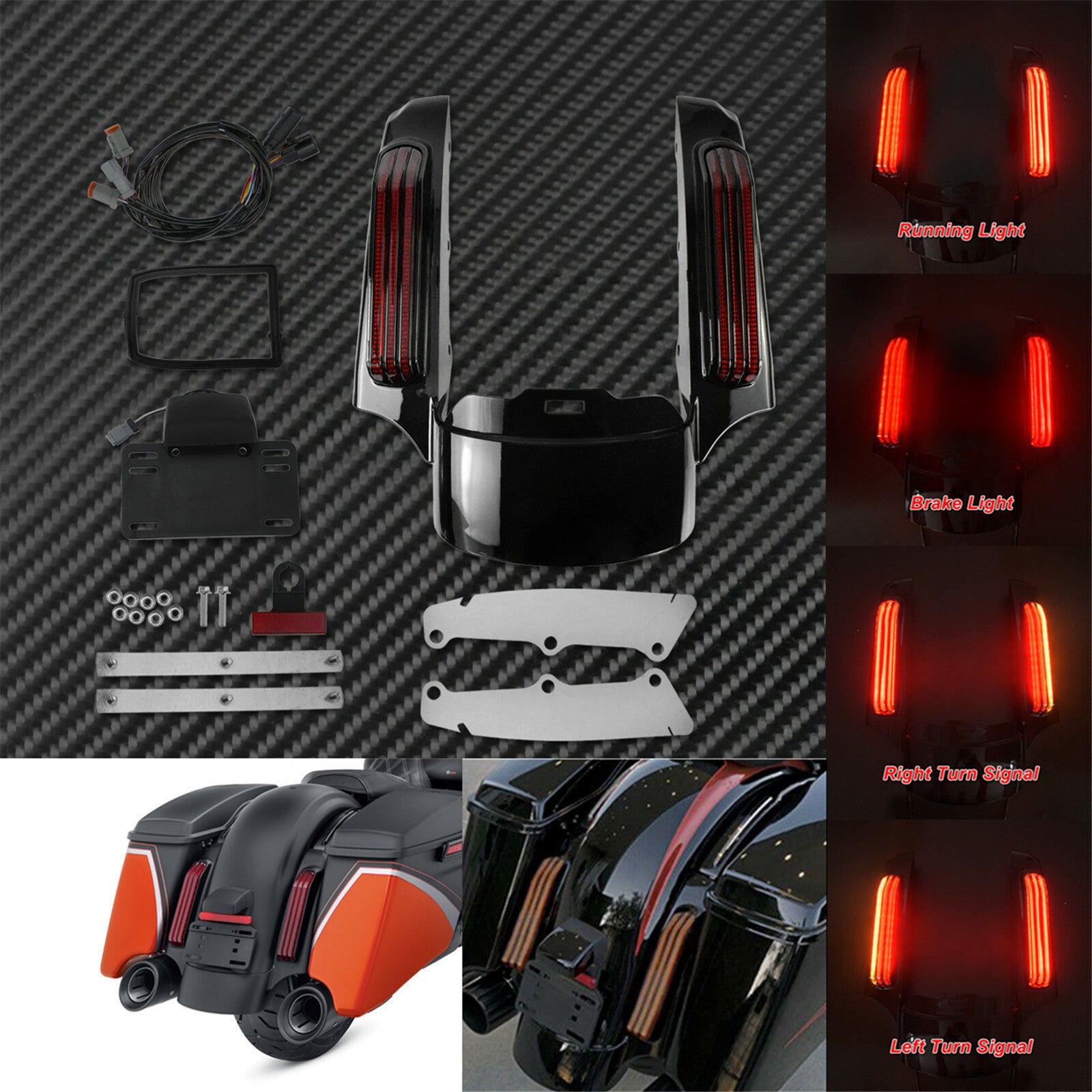 Rear Fender Extension LED Light+Saddlebag Tail Light Fit For Touring 2014-up