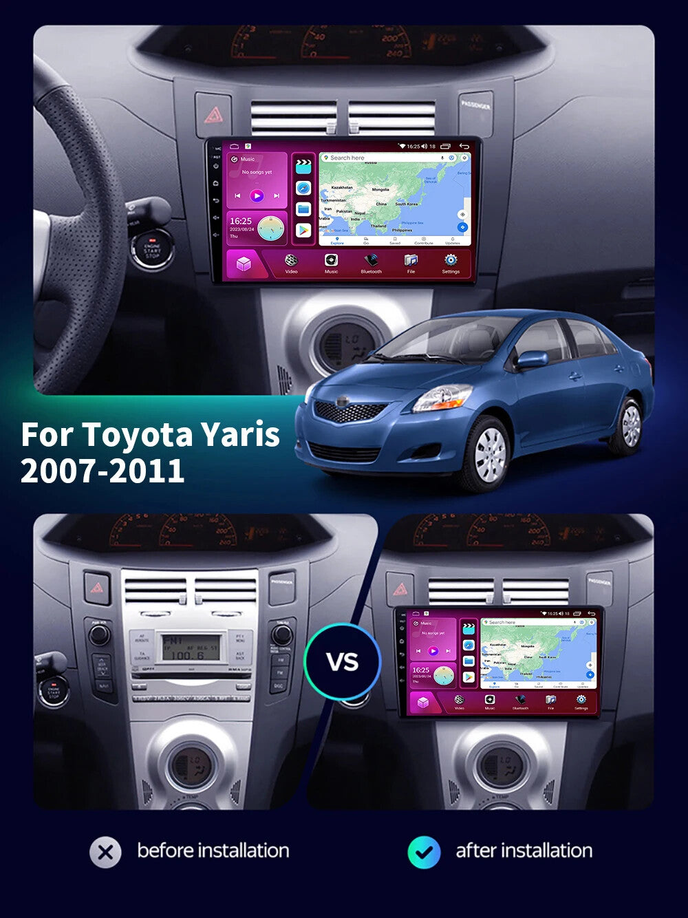 for Toyota Yaris 2007-2011 Android Auto Carplay Car Radio GPS Navi Stereo Screen