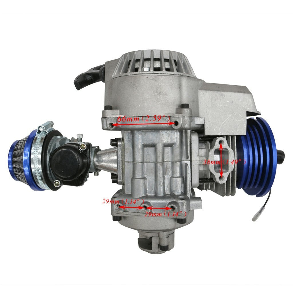 2-stroke 49cc/50cc large-hole engine motor kit for pull-start pocket bicycles, scooters, and go-karts.