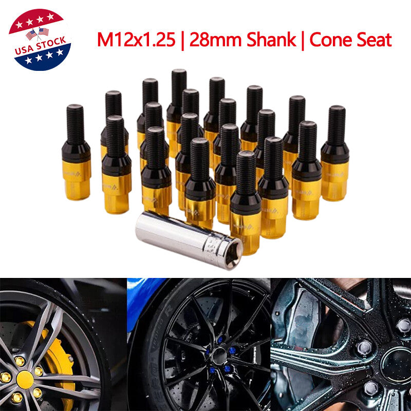 20-pack gold M12x1.25 wheel lug bolts, tapered for seat studs, 28mm shank, suitable for Jeep for Chrysler .
